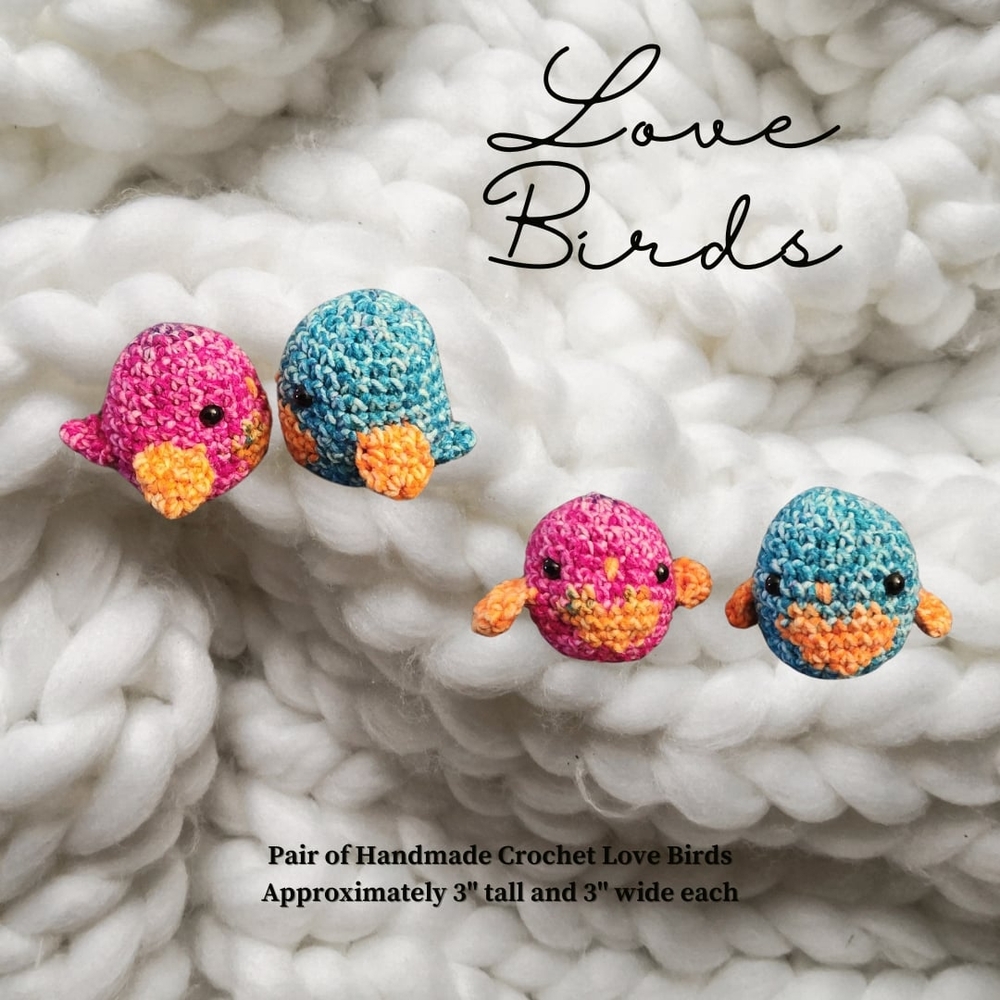 2 Handmade Crochet Love Birds - Pink and Blue